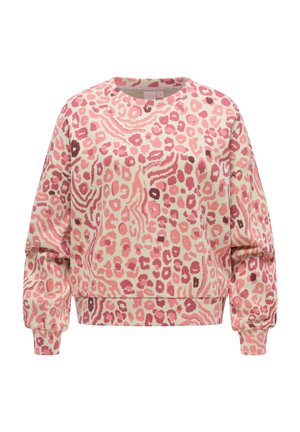 Lyserød og cremefarvet sweatshirt med lange ærmer, abstrakt leopardprint og ribbede manchetter og kant.