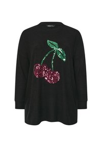 Czarny top z długim rękawem z dużym wzorem wisienki wykonaną z czerwonych i zielonych cekinów. Luźny krój z okrągłym dekoltem i ściągaczami przy mankietach.