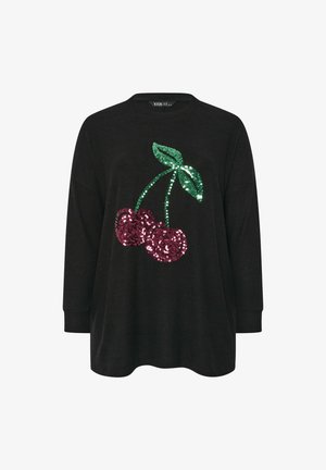 Czarny top z długim rękawem z dużym wzorem wisienki wykonaną z czerwonych i zielonych cekinów. Luźny krój z okrągłym dekoltem i ściągaczami przy mankietach.