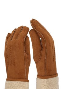 Bruine suède handschoenen met een zachte crèmekleurige nepbonten manchetten, voorzien van stikseldetails en een traditioneel fourchette-ontwerp op de vingers.