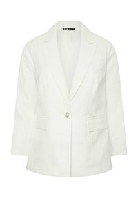Weißer Blazer aus strukturiertem Stoff, mit schmalem Revers, Ein-Knopf-Verschluss und zwei Vordertaschen. Gerader Schnitt.