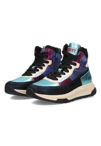 High-top sneakers featuring a mix of blue, purple, and black materials with a textured finish, contrasting laces, and a durable rubber sole.