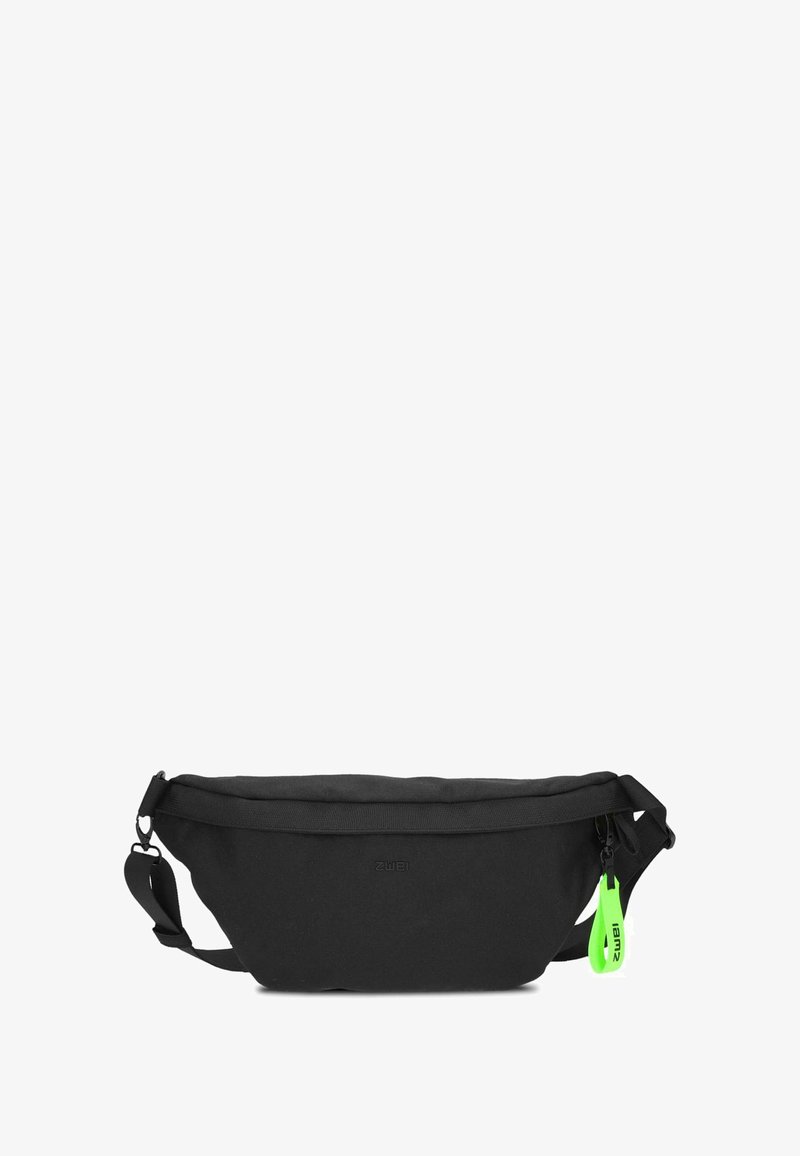 Black fabric fanny pack with zipper closure, adjustable strap, and a neon green zipper pull. Minimalist design and soft texture.