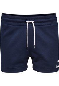 Tmavě modré sportovní šortky z strukturované látky, s šňůrkou na stažení s bílými detaily a logem v dolní pravé části.