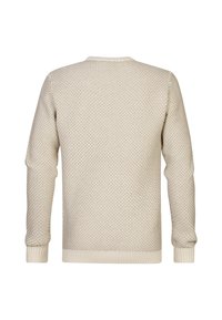 Beige knitted sweater with a textured pattern, round neckline, and ribbed cuffs and hem. The back view shows the overall design and structure.