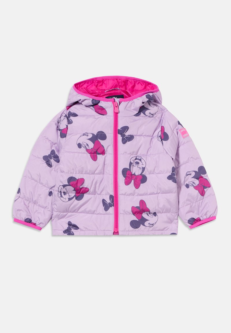Doudoune enfant violet clair avec capuche, fermeture éclair rose, doublure rose, et motif visages de Minnie Mouse avec nœuds roses.