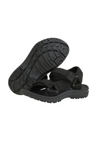 Svarta sandaler med en strukturerad gummisula, justerbara nylonremmar och ett säkert spännsystem för passform och komfort.