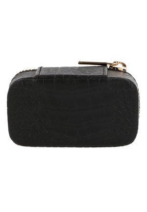 Musta krokotiilinkuorittu nahkakotelo, jossa on vetoketjukiinnitys ja kultasävyiset yksityiskohdat. Suorakulmainen muoto, jossa on teksturoidut pinnan yksityiskohdat.