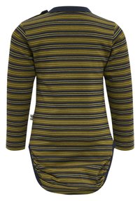Pasiasty bodysuit z długim rękawem w zielone, żółte i granatowe paski, z okrągłym dekoltem i zapięciem na napy przy ramieniu.