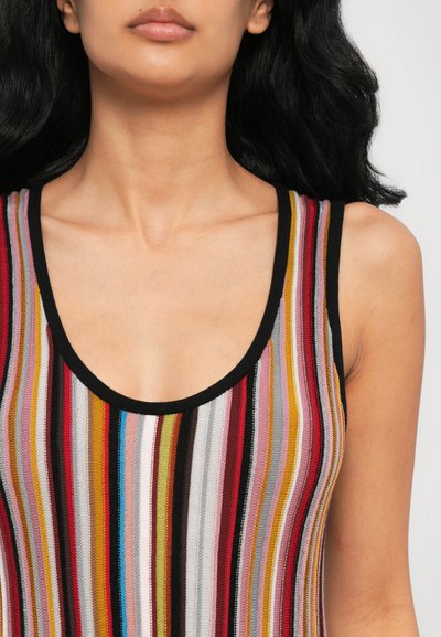 Striped tank top featuring a scoop neckline and black trim. Colors include red, yellow, pink, white, and blue. Textured fabric.