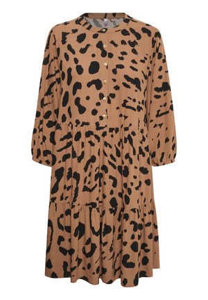 Brown leopard-print dress with long sleeves, round neckline, button-down front, and tiered skirt. Features black spots and textured fabric.