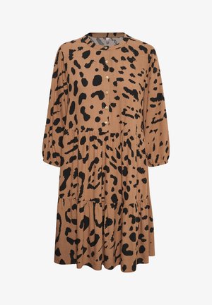 Brown leopard-print dress with long sleeves, round neckline, button-down front, and tiered skirt. Features black spots and textured fabric.