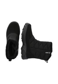 Schwarze Winterstiefel mit gestepptem Design, weicher Innenausstattung und seitlichem Reißverschluss. Gummisohle mit Profil für guten Halt.