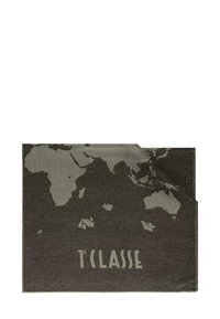 Tessuto grigio scuro con un design a rilievo della mappa del mondo in grigio più chiaro e il testo "T'Classe" in basso. Forma rettangolare.