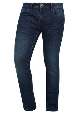 Donkerblauwe denim jeans met een slim fit, voorzien van een klassiek vijf-pocket ontwerp en een metalen knopsluiting bij de taille.