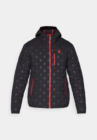 Black padded jacket with a hood, featuring a geometric embossed pattern, red zipper, and logo. Two side pockets with zippers.