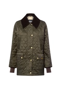 Gevoerde groene jas met een corduroy kraag, gouden knopen en twee voorzakken. Beschikt over elastische manchetten en een middellange snit.