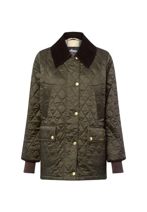 Gevoerde groene jas met een corduroy kraag, gouden knopen en twee voorzakken. Beschikt over elastische manchetten en een middellange snit.