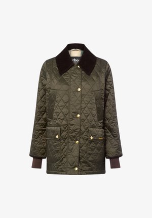 Quilted green jacket with a corduroy collar, gold buttons, and two front pockets. Features elastic cuffs and a mid-length design.