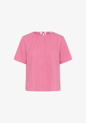 Bluză roz cu mânecă scurtă, realizată dintr-un material texturat. Are un decolteu rotund și un sistem de legare la spate. Croială ușor lejeră.
