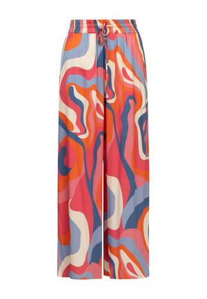 Wide-leg pants with elastic waistband and drawstring, featuring an abstract wavy pattern in orange, blue, pink, and cream colors.
