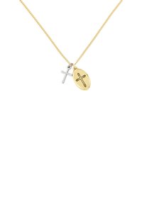 Collier en chaîne dorée avec une croix en argent et un pendentif ovale ornée d'un motif de croix gravé. Texture lisse avec des couleurs métalliques contrastées.
