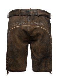 Pantaloni corti in pelle marrone con una texture rustica. Presentano un design ricamato dettagliato sul retro e accenti di lacci vicino all'orlo.