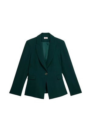 Donkergroene blazer met een enkele knoopsluiting, notch-revers, twee voorkezen en een gladde binnenvoering. Getailleerde pasvorm en gestructureerd ontwerp.