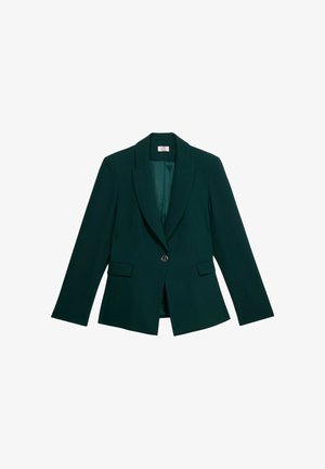 Blazer de color verde oscuro con cierre de un solo botón, solapas con muesca, dos bolsillos frontales y un forro interior suave. Ajuste entallado y diseño estructurado.