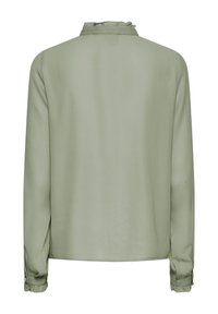 Long-sleeve shirt in light green, made of smooth fabric. Features a gathered collar and buttoned cuffs, with a relaxed fit and no visible patterns.