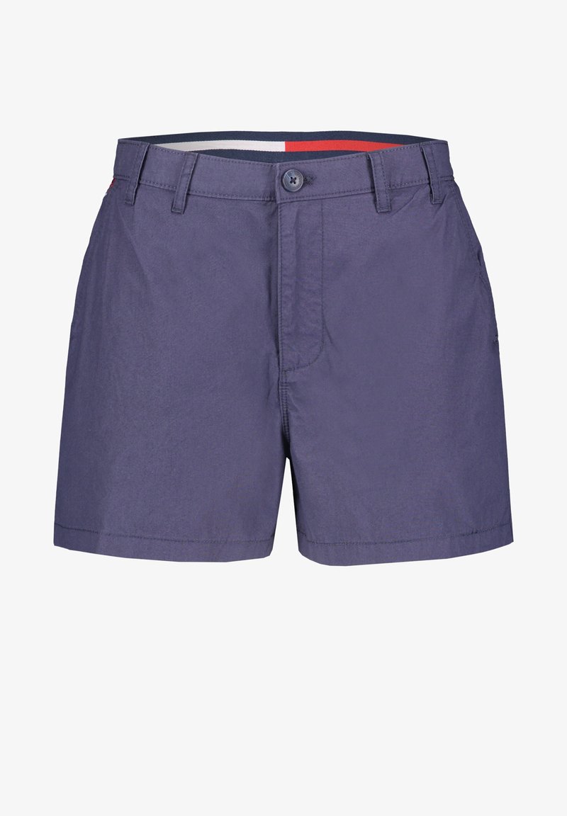 Navy blue shorts made of lightweight fabric, featuring a sleek design, two side pockets, and a front button closure with a matching waistband.