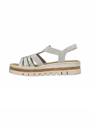 Light gray women's sandal with elastic straps, cork midsole, and chunky white outsole, open toe and back strap for casual wear.