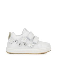 Sneakers bianchi in pelle con decorazioni floreali e strass; cinturini a strappo; suola in gomma; design con punta arrotondata.