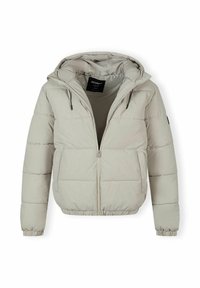 Világosszürke pufi dzseki, kapucnival, elől cipzárral, elasztikus mandzsettákkal és vízszintes varrással ellátott steppelt anyaggal.