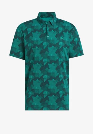 Tyrkysová polo košeľa vyrobená z textúrovanej látky, s geometrickým vzorom v rôznych odtieňoch zelenej. Obsahuje zapínanie na tri gombíky.