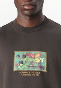 T-shirt en coton marron présentant un graphique botanique coloré avec des mûres et des feuilles, étiqueté "Cream of the Crop Carhartt WIP 1989."