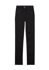 Schwarze Jeans aus Denim, slim fit, mit Knopfverschluss, fünf Taschen, kontrastierenden Nähten und einer glatten Textur.