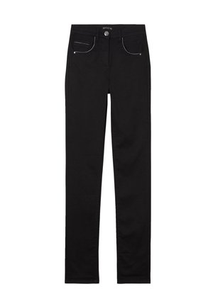 Schwarze Jeans aus Denim, slim fit, mit Knopfverschluss, fünf Taschen, kontrastierenden Nähten und einer glatten Textur.