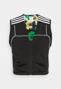 Schwarze Sportweste mit weißer Paspelierung und drei horizontalen Streifen auf den Schultern. Blumenmuster im Inneren. Vorderer Reißverschluss.