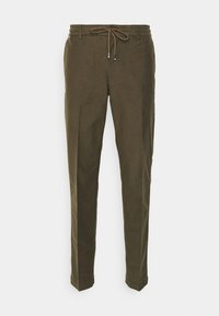 Olivgröna avslappnade byxor med elastisk midjeband och justerbar dragsko, som har rena linjer och en mjuk textur.