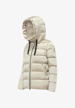 Helle beige Daunenjacke mit Kapuze, ausgestattet mit einem Reißverschluss vorne, schwarzen Kordelzügen und gestepptem Design. Glattes, glänzendes Material.