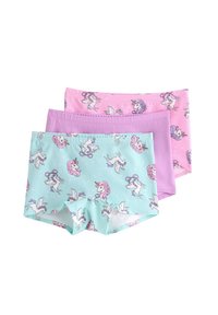Tre par boyshorts undertøj i lyseblå, lyserød og lavendel, med enhjørningemønstre og blødt bomuldsstof.