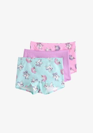 Tre par boyshorts undertøj i lyseblå, lyserød og lavendel, med enhjørningemønstre og blødt bomuldsstof.