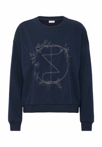 Sudadera azul marino de manga larga, con puños y dobladillo acanalados, que presenta un diseño bordado metálico de flores en el centro.