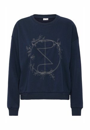 Dunkelblauer Pullover mit langen Ärmeln, gerippten Abschlüssen und einem metallischen floralen Stickdesign in der Mitte.