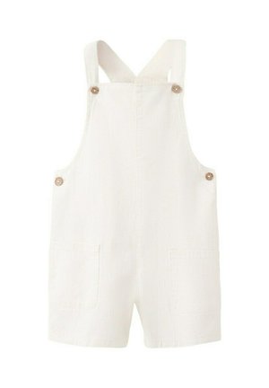 Salopette courte en lin blanc avec poches avant et bretelles réglables à boutons.