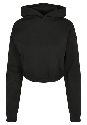 Melna pusēta kapucīna džemperis, kas izgatavots no mīksta auduma, ar kapuci, garām piedurknēm un elastīgiem aprocēm, nodrošinot pieguļošu izskatu. Vienkāršs un minimālistisks dizains.