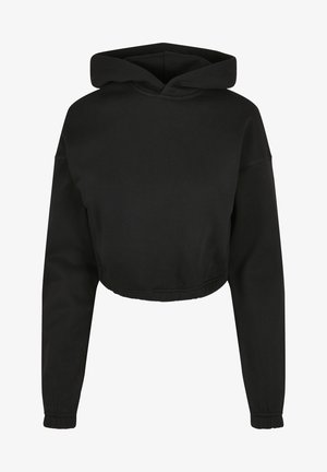 Melna pusēta kapucīna džemperis, kas izgatavots no mīksta auduma, ar kapuci, garām piedurknēm un elastīgiem aprocēm, nodrošinot pieguļošu izskatu. Vienkāršs un minimālistisks dizains.