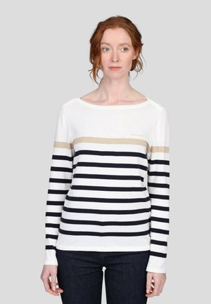 Pull à manches longues avec des rayures bleu marine et blanches, présentant une bande dorée horizontale. Fabriqué en tissu doux avec un col bateau.