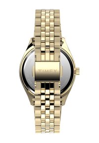 Ceas metalic cu ton de aur, cu un design de brățară legată, carcasă rotundă, cadran negru și logo TIMEX gravat pe cataramă.
